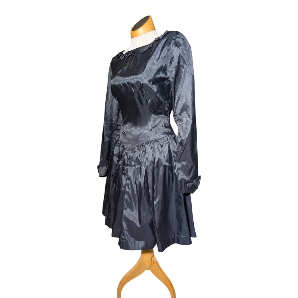 Vtg 1980s Black Satin Open Back Bow Accent Basque Waist Mini Dress S 6 8